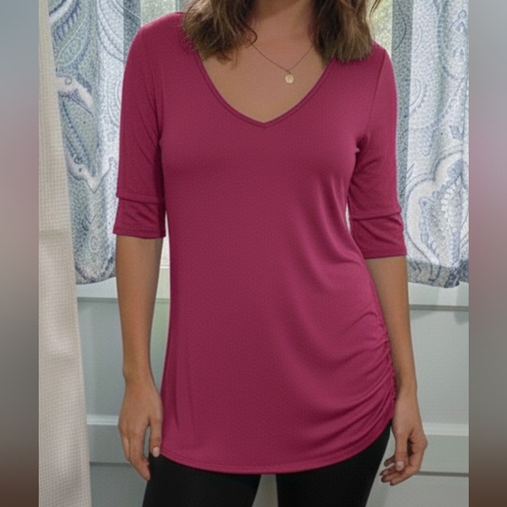 Moda International Fuschia Long V-neck Tee Rusched Side Athleisure